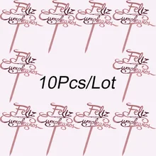 10pcs/lot Spanish Happy Birthday Acrylic Cake Toppers Gold Black Birthday Cake Topper for Baby Birthday Party Cake Decorations
