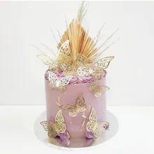 12Pcs 3D Butterfly Metal Texture Paper Birthday Cake Topper Gold 3D Hollow Baking Cake Topper for Weddind Party Cake Decorations