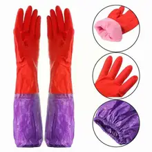 1Pair Long Rubber Velvet Household Gloves Dishwashing Waterproof Thicken Gloves Clean Kitchen Warm Antiskid Scrubber Rubber J9O2