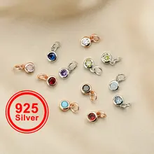 1Pcs 4MM Round Birthstone Charm Solid 925 Sterling Silver Stone Pendant Charm Simulated Color Gemstone DIY Charm 1411313