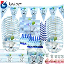 1set 20people Boy Blue Elephant Theme Disposable Cutlery Cup Plates Napkins Tablecloth Party Dec Gender Disclosure Baby Shower