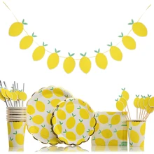 1set Lemon Themed Disposable Tableware Paper Straw/Cups/Banner for Lemon Themed Summer Pool Birthday Party Decorations
