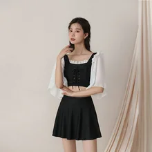 2021 New Korean Style Sexy One Piece Swimsuit Women Solid Swimwear Long Sleeve Monokini Swim Suit Pad Bathing Suit Swimskirt