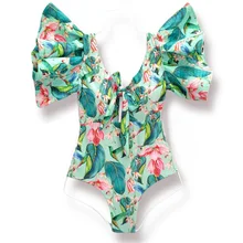 2021 New Sexy One Piece Swimwear Women Ruffle Print Swimsuit Backless Deep-V Summer Bathing Suit Flounce Beach Wear Monokini