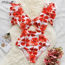 2022 Beach Swimsuit V Neck One Piece Swimwear Women Bodysuit Monokini Summer Print Floral Swim Wear Cut Out Bathing Suits