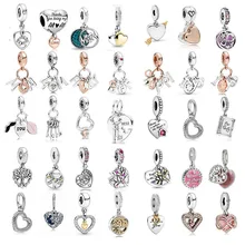 2022 New Silver Color Vintage Heart MOM Family Dangle Beads Fits Pandora Charm Bracelet&Bangle DIY Women Jewelry Making