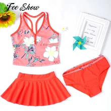 3PCS Kids Girls Tankini Swimming Suit Quick Dry Digital Printed Swimsuit Swimwear Bathing Suit Set Swim Tops with Bottoms Skirts