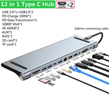 4/8/11/12-in-1 Type C Hub with 2 HDMI  Multiport Adapter Dock Station USB 3.0 4K HDMI RJ45 SD/TF VGA PD for Laptop MacBook iPad