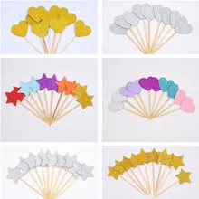40pcs Cake Flag Golden Heart Star Cupcake Toppers Baby Shower Birthday Party Decorations Kids Wedding Decoration Cake Toppers