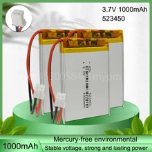 523450 3.7V 1000mAh Li-On Rechargeable PH 2.0mm 2pin Plug for Cameras  Medical Devices  Electronic Equipment  Car Panels