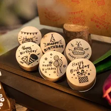 6pcs Set Happy Birthday Stamps Round Wooden Rubber Stamps for Kids Birthday Party Decoration Children Toy Evelope Seal Stamp