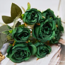 8 Heads Vintage Artificial Flowers Autumn Decorations for Home Silks Green Peony Rose Fake Flower Fall Wedding Party DIY Bouquet