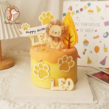 Baby Show Constellation Animal Leo Lion Happy Birthday Cake Topper Yellow Balloon Trees for Cake Decorating Party Supplies Gifts