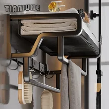 Bathroom Towel Rack with Towel Bar Towel Holder with Hooks Foldable Shelf Wall Mount Towel Shelf Matte Black Updated
