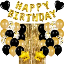 Black Gold Birthday Decoration Set Letter Happy Birthday Balloon Rain Silk Curtain Baby Shower Birthday Party Decor Balloons