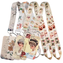 CB1335 Ink Painting Flower Lanyards Vintage Stamp Neck Strap Phone Buttons ID Card Holder Lanyard for Keys DIY Hanging Rope 