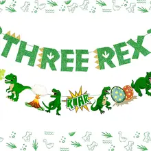 CHEEREVEAL Three Rex Dinosaur Theme 3rd Birthday Party Decorations Green Dinosaur Banner for Boys and Girls 3rd Birthday Party