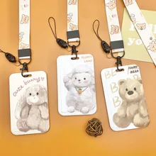 Cartoon Bear Toy Transparent Lanyard Card Holder Holder Student Credential For Pass Card Credit Card Straps Key Ring Gift Copa