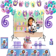Cartoon Dollhouse Girls Birthday Party Theme Decoration Balloons Gabby Theme Decoration Disposable Tableware Set Napkin