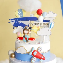 Cartoon Handsome Open Airplane Cement Cloud Hot Air Balloon  Cake Topper For Boy's  Birthday Party  Dessert Decoration  Supplies
