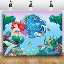 Cartoon Vinyl Custom Mermaid Princess Ariel Party Backdrops Mermaid Background Wall Cloth Baby Shower Birthday Party Decoration