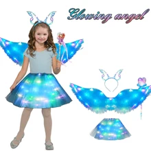 Christmas Glowing Fairy Wings Skirt Set Cute Butterfly Elf Wings Girls Cosplay Costumes with Headband Birthday New Year Gift