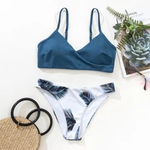 Coconut Leaf Print Mid-Waist Bikini Sets Swimsuit Women Sexy Lace Up Two Pieces Swimwear 2022 New Beach Bathing Suits
