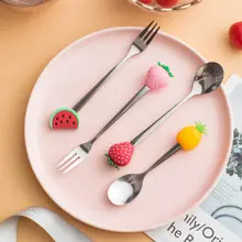 Creative Stainless Steel Fruit Fork Coffee Spoon Milkshake Spoons Bento Lunches Party Decor Long Handle Stirring Spoon