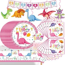 Cute Pink Dinosaur Girl Party Disposable Tablecloth Paper Napkin Cup Plate Children Girl Birthday Cake Flag Banner Balloon Decor