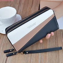 Double Zipper Women Wallet Pu Leather Splicing Large Capacity Long Coin Purse Ladies Wristband Money Clip Clutch Card Holder