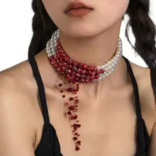Dripping Necklace Adjustable Vampire Jewelry With Four-Layer Pearl Dripping Blood Four Layer Pearl Necklace Adjustable Choker