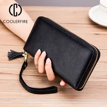 Fashion Women Long Genuine Leather Wallet Elegant Portable Solid Color Purse Hot Female Zipper Card Wallet Lady Clutch PJ2002