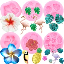 Flamingo Tropical Leaf Silicone Mold Plumeria Hibiscus Flower Fondant Cake Decorating Tools Bird Pineapple Chocolate Moulds