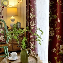 Floral Farmhouse Curtains Semi-Blackout Living Room Drapes Cotton Linen Country Window Curtain Panels Burgundy Bedroom Drapes