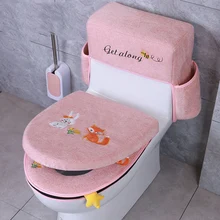 Four Seasons Universal Toilet Seat Pads Set Cartoon Embroidery Home Toilet Ring Cover Toilet Tank Dust Cover With Storage Pocket