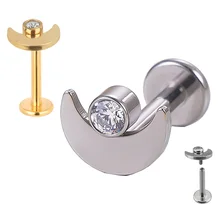 G23 Titanium Lip Stud moon shape with Zircon Set Center Internal Thread PIERC Labret Tragus Helix Ear Stud Piercing Body Jewelry