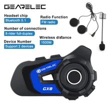 GEARELEC GX8 Helmet Intercom Headset 6~8-Rider Motorcycle Bluetooth 5.1 Interphone 1500m Range With FM Radio EQ Music Sharing