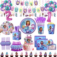 Gabby Dollhouse Birthday Party Supplies Cartoon Gabby Cupcake Topper Plates Cups Banner Balloons Girls Baby Shower Decorations