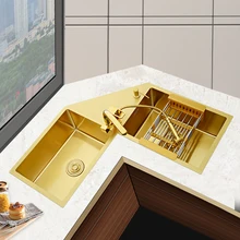 Gold 304 Stainless Steel Sink Corner Double Bowl Small Sink Under The Table Basin Kitchen Sink 2bowels Household Basin Sink