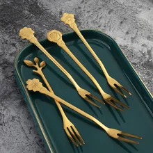 Golden Fruit Forks for Children New Stainless Steel Dessert Fork Rose Leaf Sakura Design Christmas Tableware Kitchen Accessories