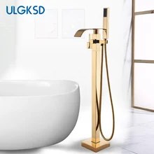 Golden Waterfall Bathtub Shower Faucets Floor Standing Faucet Hot Cold Water Shower Mixer Tap Square Tube Mixer Held Shower