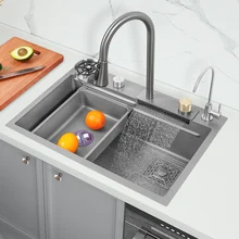 Gun Gray 304 Stainless Steel Nano Kitchen Sink Waterfall Sink Faucet Kitchen Items High PressureCup Washer Vegetable Wash Basin
