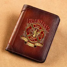 High Quality Genuine Leather Men Wallets Firefighter Volunteer Sign Printing Short Card Holder Purse Billfold Male Wallet