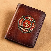 High Quality Genuine Leather Men Wallets Firemen Fire Rescue Badge Printing Short Card Holder Purse Billfold Male Wallet