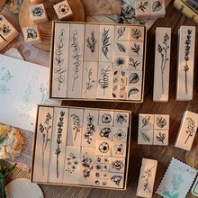 Journamm 22Pcs/lot Wood Rubber Seal Stamps Set Floral and Plant DIY Scrapbooking Collage Junk Journal Craft Stationery Supplies