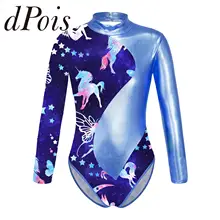 Kids Girls Printed Metallic Gymnastics Leotard Back Cutout Tutu Ballet Dance Leotards Bodysuit Long Sleeve Gymnastics Jumpsuit