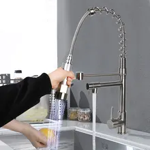 Kitchen Sink Faucet Spring Dual Swivel Spouts Pull Down Deck Mounted Brass Hot Cold Water Mixer Crane Tap with Dual Spout