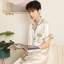 L’AQUILA 2022 Newest Spring Summer Ice Silk Pajamas for Men Casual Short Tops+Long Pants 2 Piece Soild Color Fashion Sleepwear