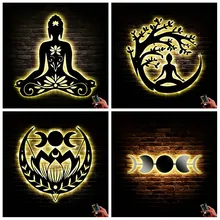 LED Buddha Moon Yoga Sconce Lamps Wood Wall Art With Remote Control 16 Colors Neon Sign Light Decoration For Living Room