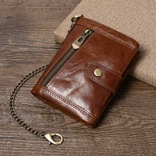 Leather Men Wallet with Anti-Theft Chain Genuine Leather RFID Bifold Wallets Multifunctional Card Holder Minimalist Purse Zipper